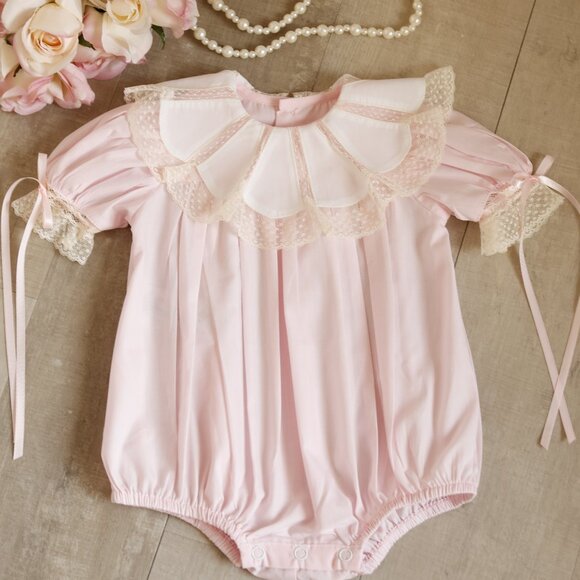 Pink Heirloom Bubble Romper Vintage Lace 3 Months Baby Shower Gift Portraits NWT